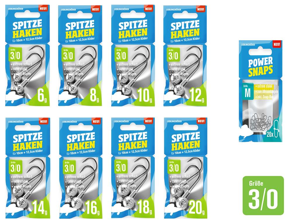 Spitze Haken Jigkopf-Set 3/0 - Lieblingsköder 10 cm - 16 Jigköpfe + 20 Snaps