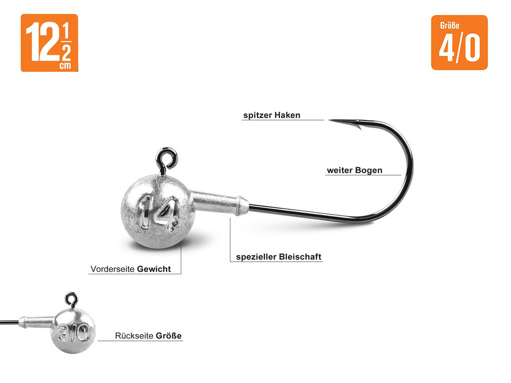 Spitze Haken Jigkopf-Set 4/0 - Lieblingsköder 12,5 cm - 18 Jigköpfe + 20 Snaps