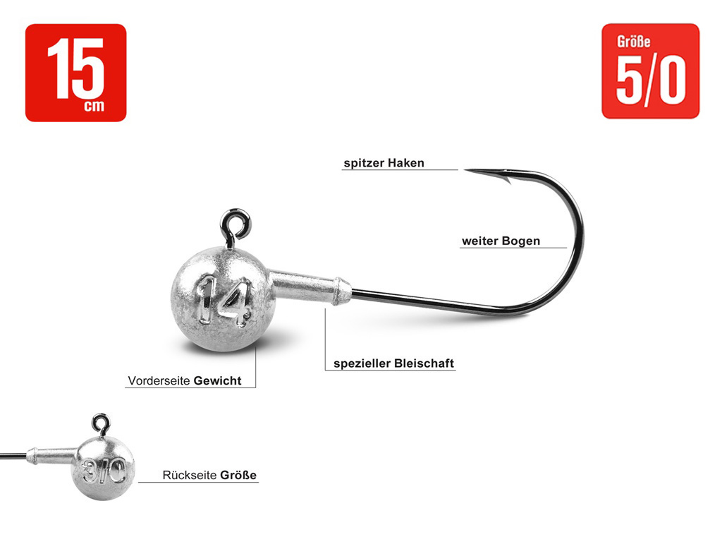 Spitze Haken Jigkopf-Set 5/0 - Lieblingsköder 15 cm - 16 Jigköpfe + 15 Snaps