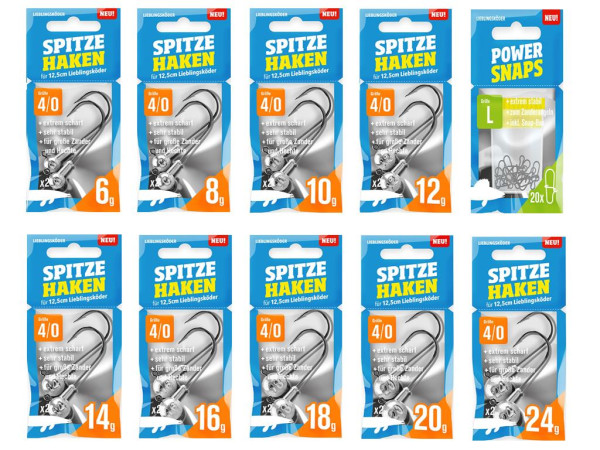 Spitze Haken Jigkopf-Set 4/0 - Lieblingsköder 12,5 cm - 18 Jigköpfe + 20 Snaps