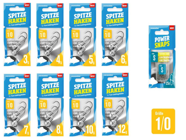 Lieblingsköder Jigkopf-Set 1/0 - 16 Jigköpfe + 25 Snaps
